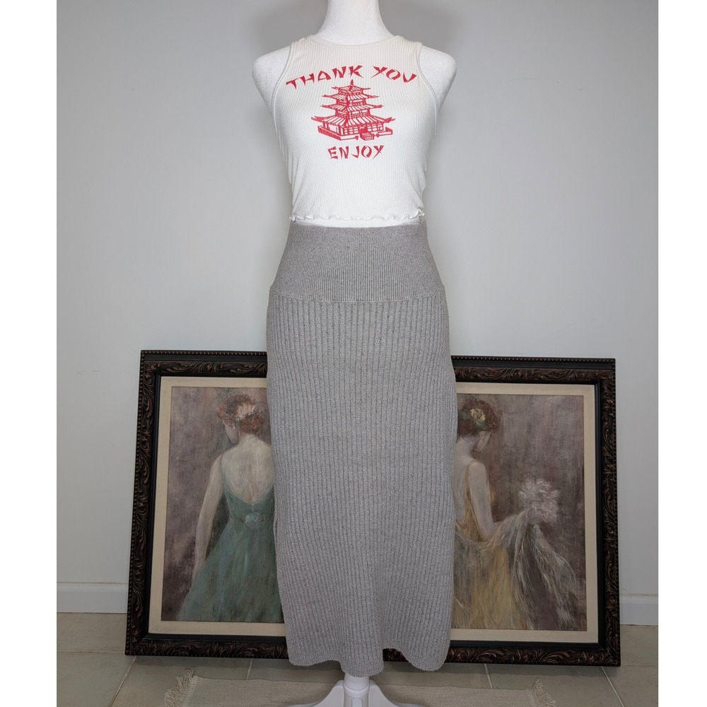 Free People‎ Ribbed Knit Midi Skirt Side Slit Pencil Skirt Gray S